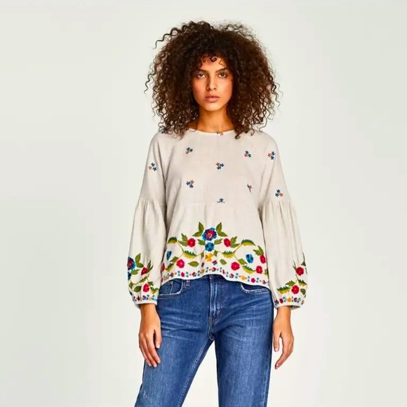 Zara Tops - Zara Floral Embroidered Crewneck Puff Lantern Sleeve Blouse Top M